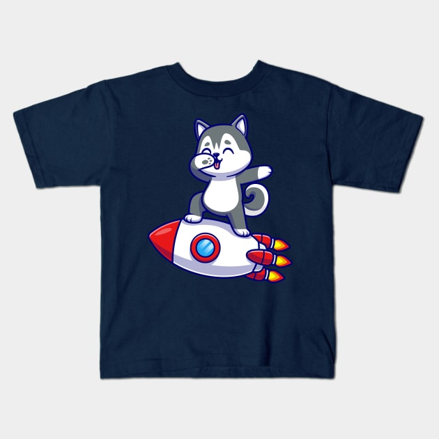 Cute Husky Dog Dabbing On Rocket Cartoon Kids T-Shirt by Catalyst Labs